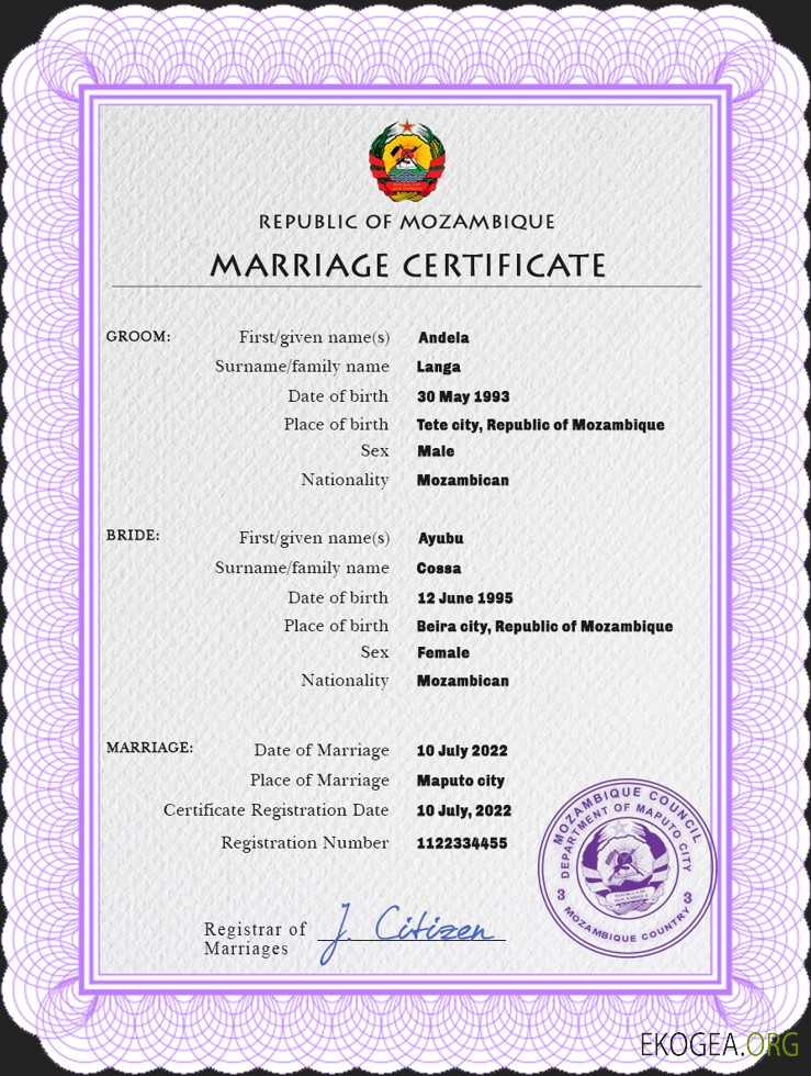 Modèle PSD de certificat de mariage du Mozambique